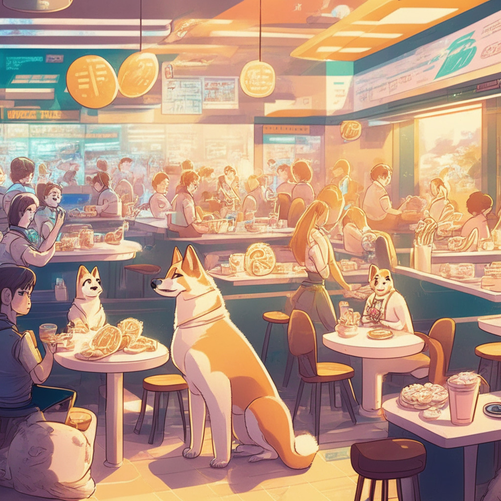 Australian diner with Shiba Inu theme, crowded fast-food restaurant, customers eating wings, sunlight streaming through windows, warm atmosphere, colorful Shiba Inu and Dogecoin mascots, soft pastel tones, payment counter with crypto symbols, empowering vibe, a futuristic edge to traditional dining.