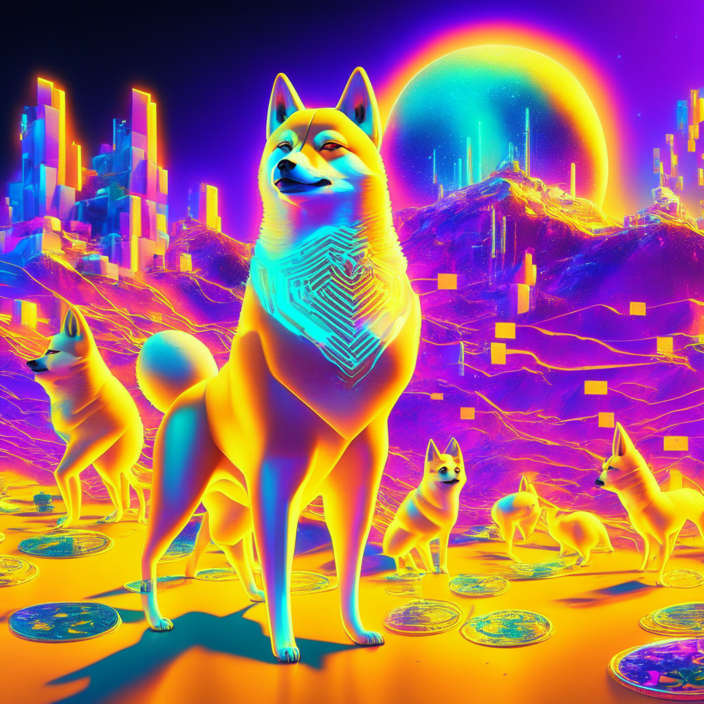 Surreal crypto metaverse, humanoid Shiba Inu avatars, neon-hued virtual landscape, golden hints of optimism, dappled light, pulsing energy, soaring transactions, an air of caution, smooth blockchain network, futuristic tokens, a vibrant palette, glowing potential, undulating uncertainties, capturing Shibarium's essence.