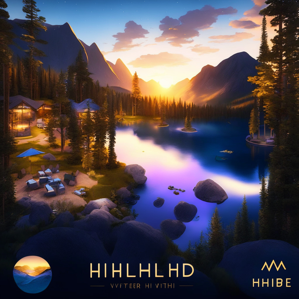 Hidden resort nestled in mountains, camping vibe with contemporary attractions, Cape Canaveral and Lake Tahoe inspired, virtual world metaverse hub, twilight sky with golden hues, a serene yet adventurous atmosphere, positive impact on SHIB token value, exploration, build, and play opportunities.