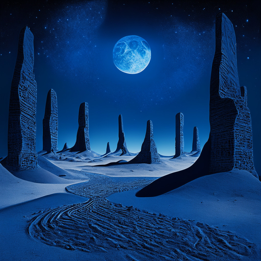 Surreal, digital abstract landscape bathed in twilight blue hues, a dusty trail demonstrating a dynamic shift. Meme coins, represented as ancient monoliths, stand silent and stagnating under a stagnated, waning moon. In contrast, vibrant, shimmering Meta 2.0 coins spring forward, appearing like stars pulling the observer's attention towards the horizon where they soar towards a radiant, rising sun. Mood is a blend of uncertainty and thrilling potential.