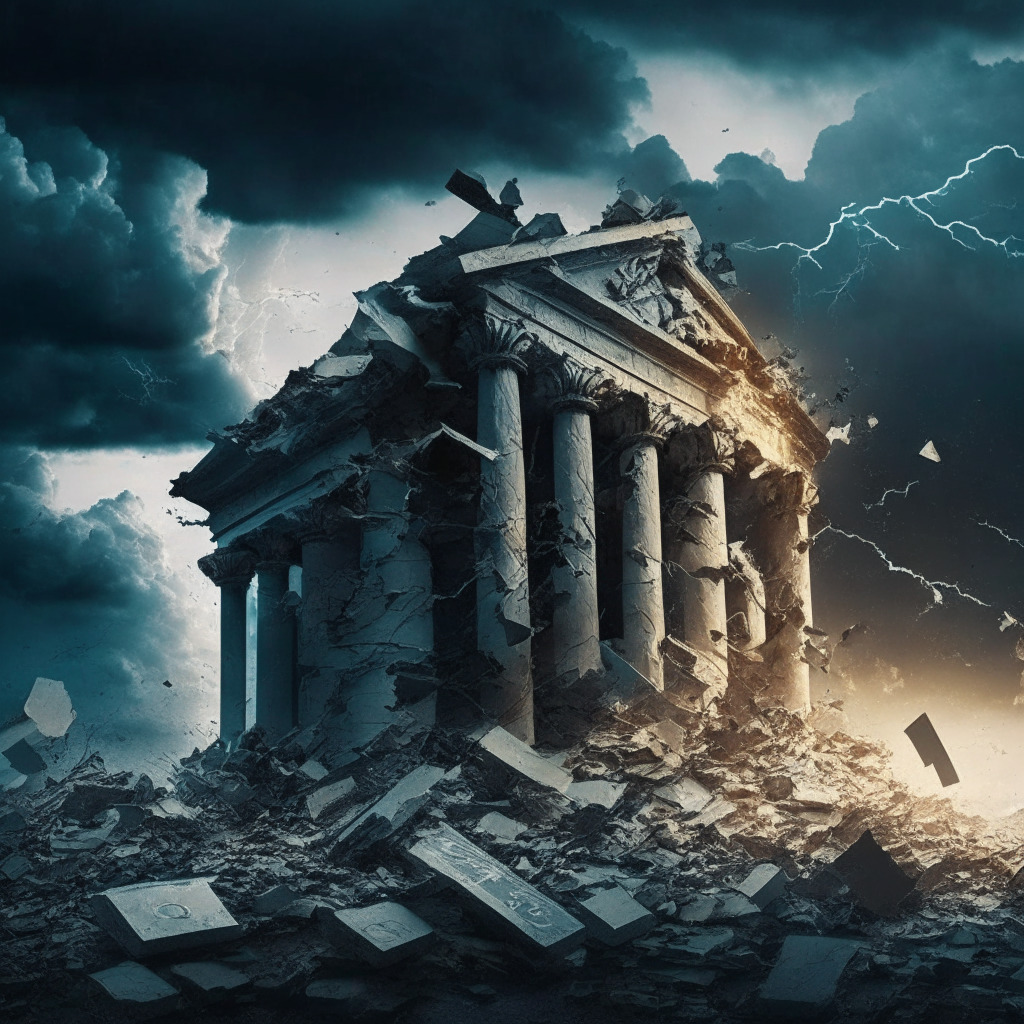 Crypto bank collapse, regulators intervene, uncertain future, stormy sky, traditional bank crumbling with crypto symbols, intense contrast, crypto community analyzing debris, chiaroscuro lighting, cautious atmosphere, evolving financial landscape, potential innovation.