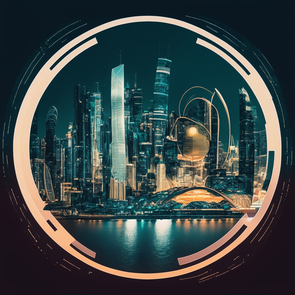 Singapore cityscape, Circle Singapore MPI License approval, futuristic light setting, financial district skyline, digital currency elements, glowing blockchain connections, stablecoin & regulation balance, subtle Art Deco style, mood of progress and caution, global currency community's optimism.