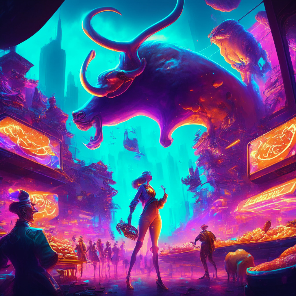 Futuristic meat-themed universe, dazzling NFT GigaJims, vibrant hues, Baroque style, ethereal glow, urban setting, dynamic engagement, exclusive perks, nostalgic gaming elements, sense of competition, warm camaraderie, energetic mood, artistic fusion of blockchain & fan interaction.