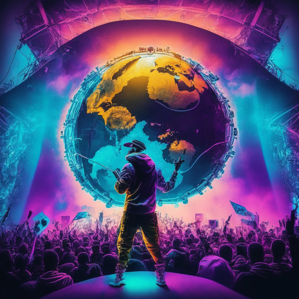 Rapper on stage, vibrant colors, blockchain-infused background, fans connecting via digital devices, globe with tour stops highlighted, surreal artistic style, evoking the metaverse, warm concert lighting, energetic and futuristic atmosphere, engaging fusion of music & technology.