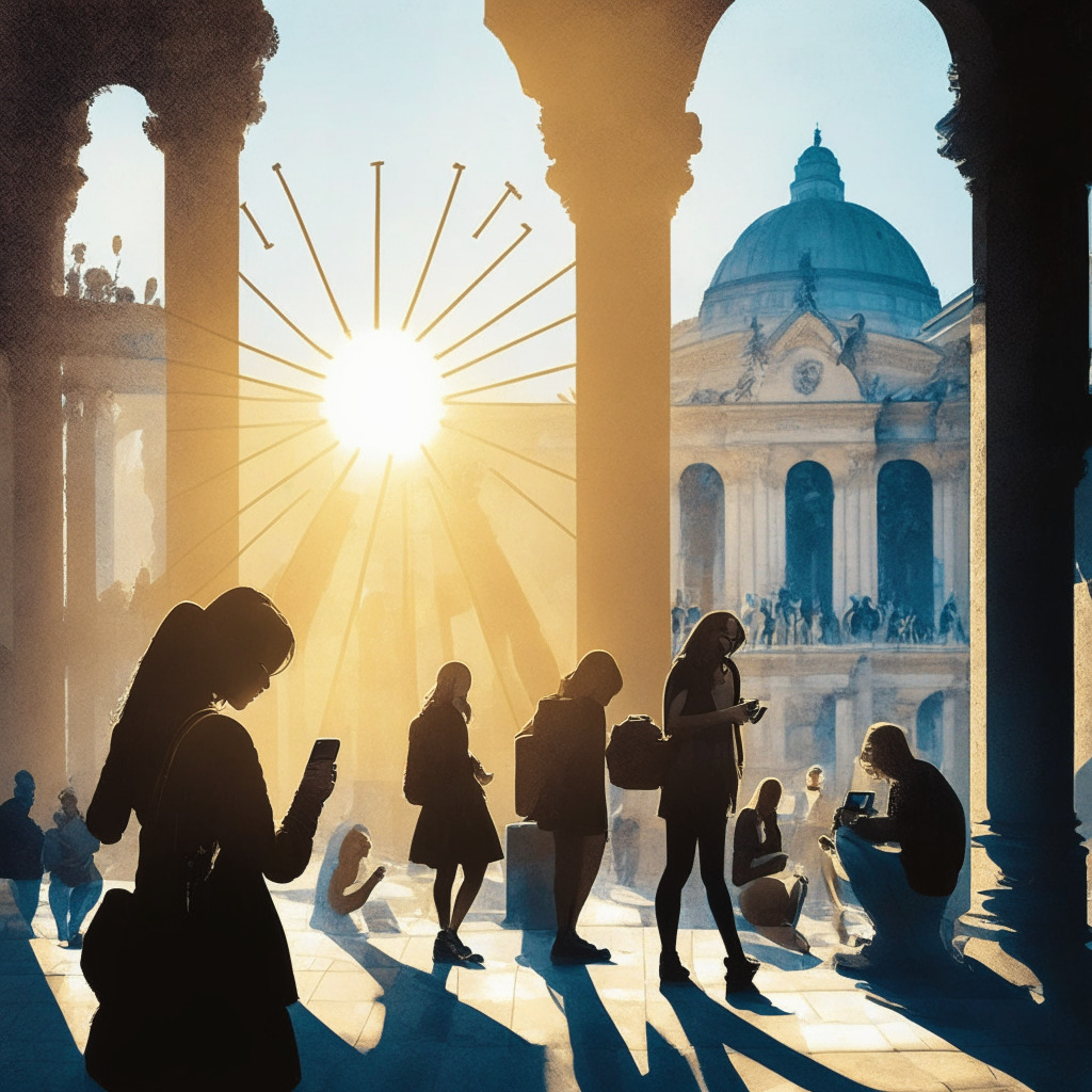 Sunlit scene of people using social media with caution, indistinct digital assets loom in the background, influencers bound by chains, strong European architecture symbolizing regulation, pervasive mood of security and vigilance, chiaroscuro light to emphasize the balance between innovation and protection.