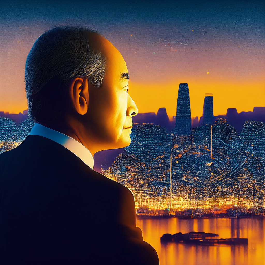 AI-assisted ideation at sunset, SoftBank CEO in contemplative pose, cityscape illuminated at night, ChatGPT providing feedback, glowing circuitry lines, emotive chiaroscuro lighting, balance of optimism and skepticism, safe journey into the future, a blend of Renaissance and futuristic art styles.