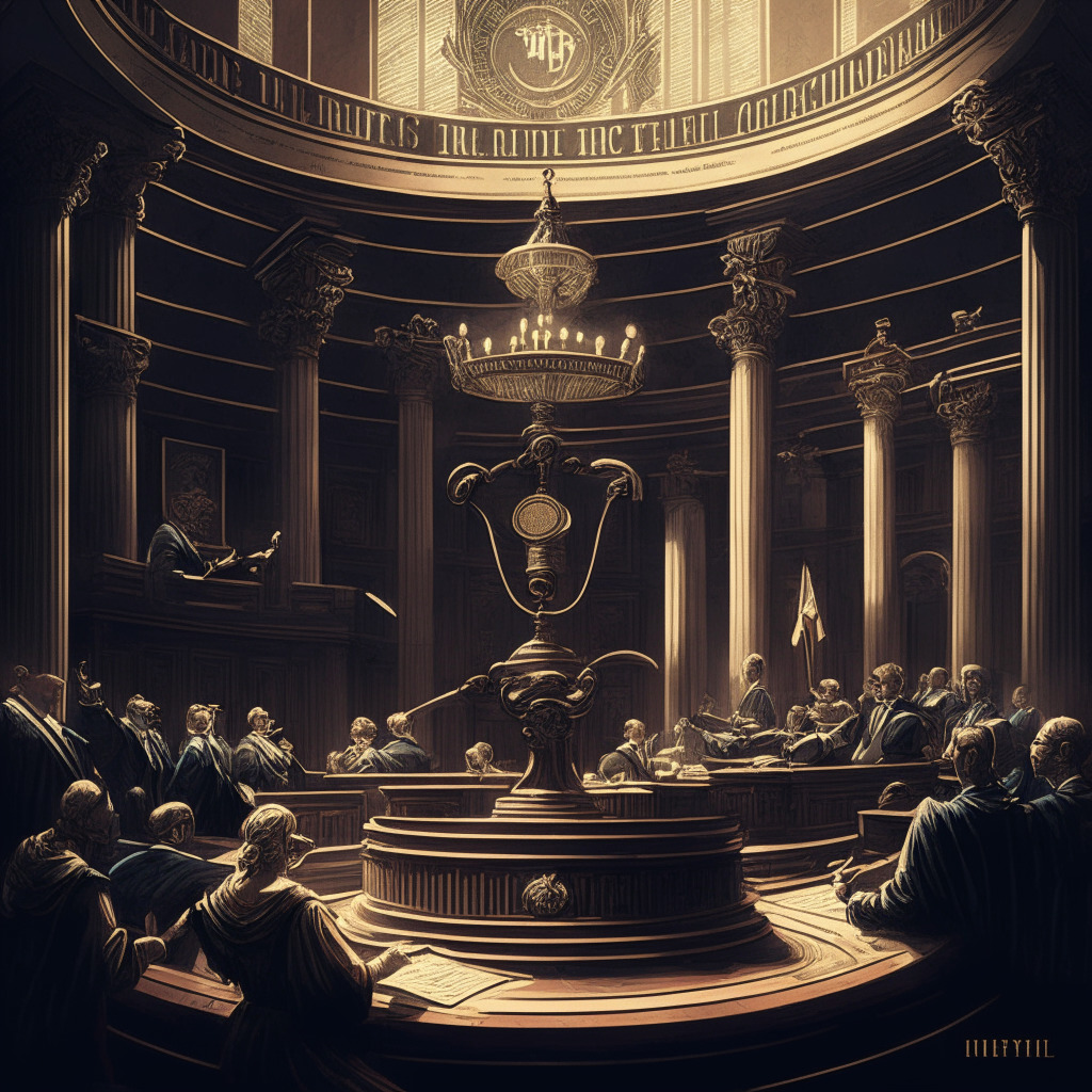 Intricate court scene with gavel, diverse cryptocurrencies, concerned investors, and authoritative regulators, Baroque style, chiaroscuro lighting, sober mood, a prominent balance scale symbolizing the balance between innovation and regulatory compliance, SOL token losing value, withdrawal of support by exchanges, underlying hope for clearer regulations.