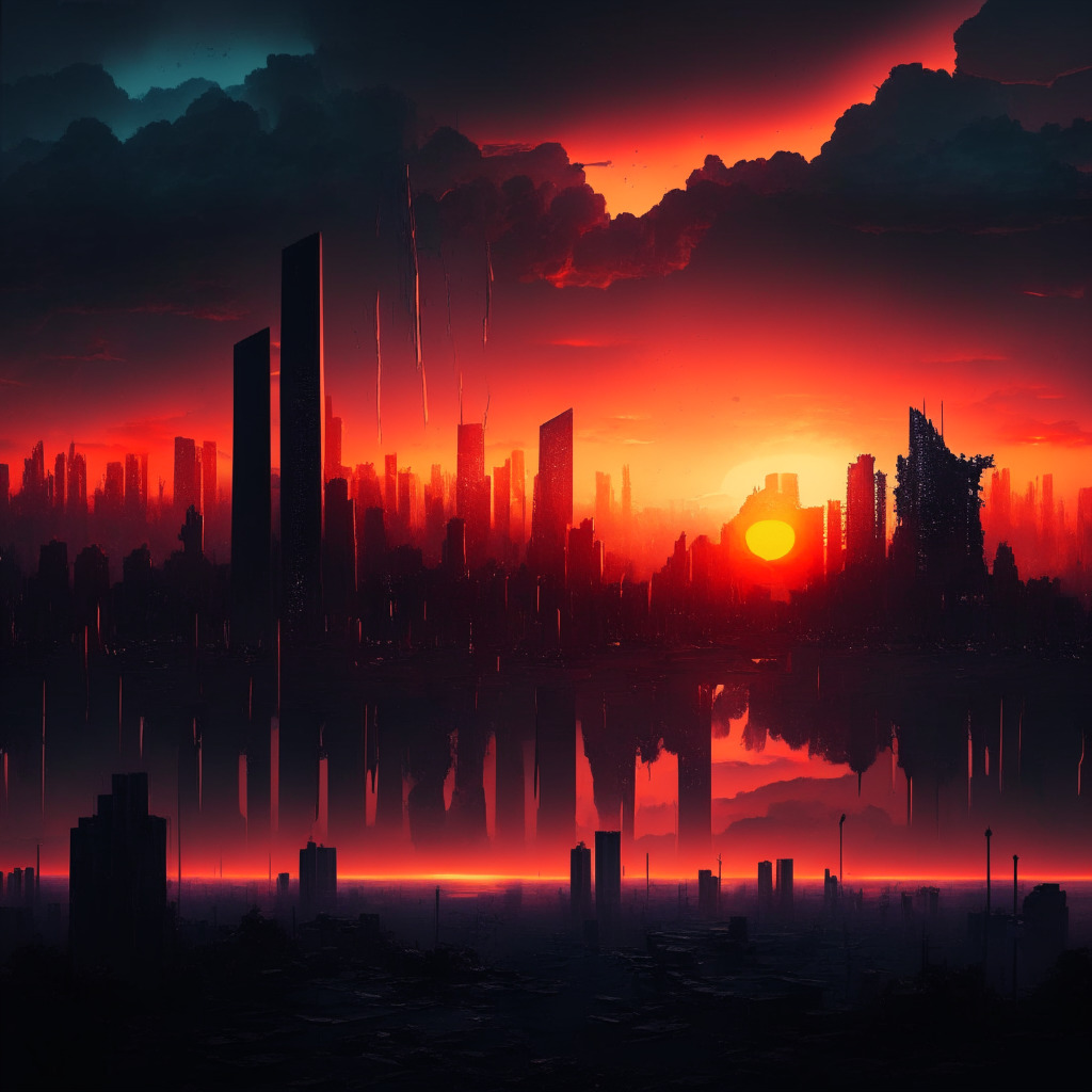 Sunset over digital city skyline, 3D metaverse game world, intense cyber discussion, SEC lawsuit in the background, Solana developers & foundation unfazed, two sides of a hard fork coin, underlying uncertainty, mixed opinions, dark clouds of confusion looming, moody artistic atmosphere.