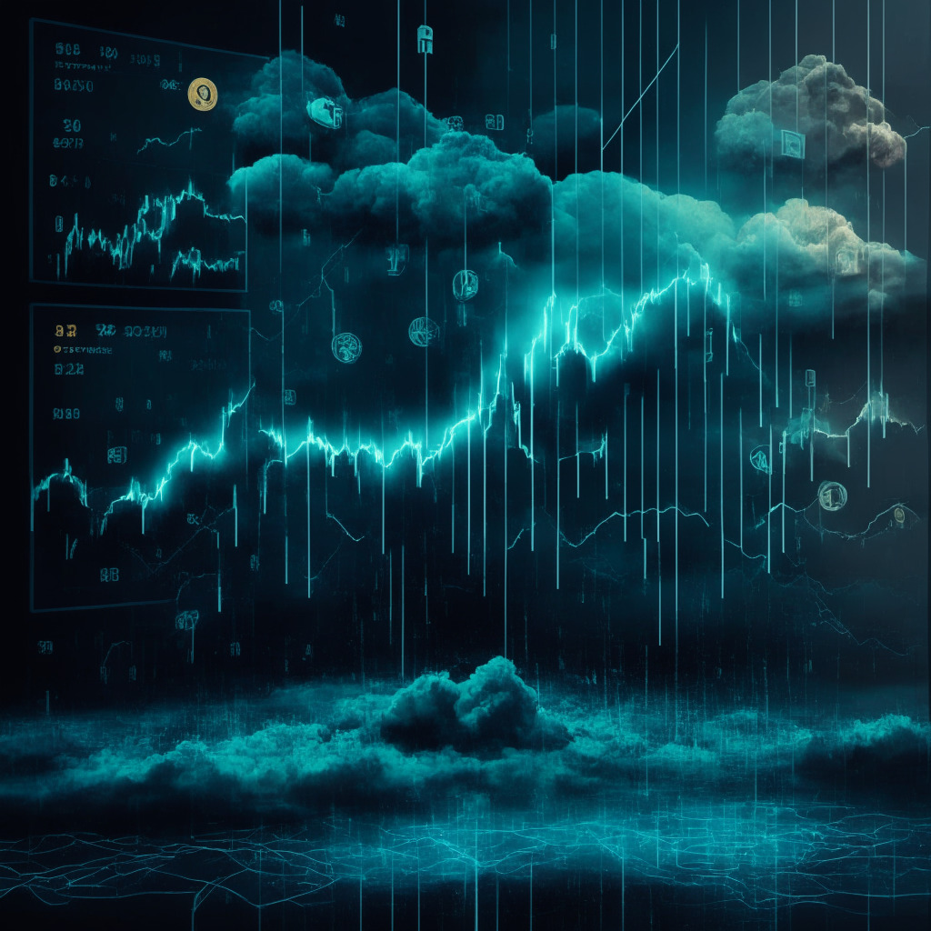 Cryptocurrency storm, SEC regulations, Solana price drop, distressed market mood, fading daylight, abstract financial charts, contrasting shadows, alternative high-risk investments, looming decision clouds, radiant crypto project opportunities, AI-based market predictions platform.