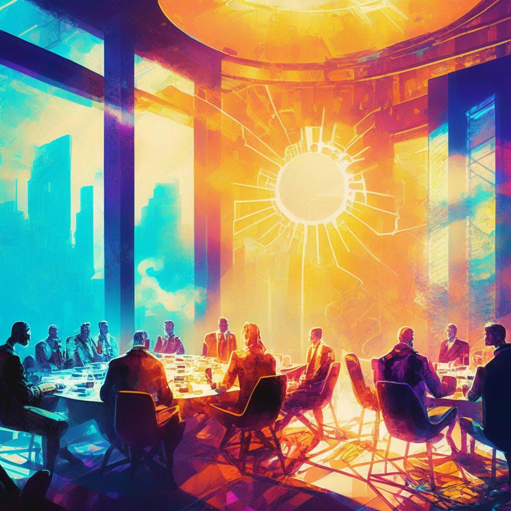 Intricate crypto debate scene, vibrant colors, Solana blockchain visualized, diverse stakeholders discussing, sunlight streaming through windows, abstract futuristic cityscape in background, serene yet anticipatory mood, impressionist style, thoughtful conversations, shadows cast by regulatory uncertainty.