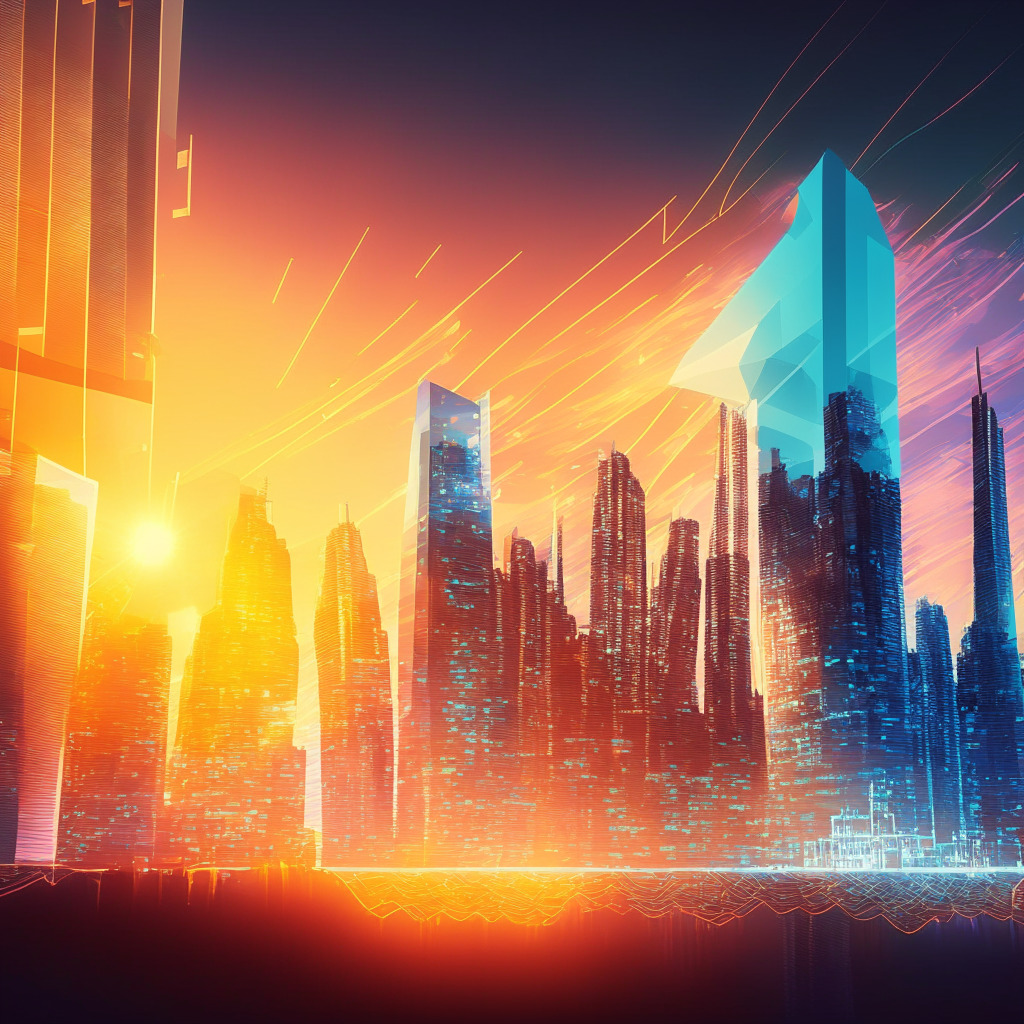 Sunrise over digital cityscape, vibrant Solana coin soaring, futuristic AI-powered trading platform, sleek holographic charts and glowing trendlines, warm gleaming light, mood of excitement and opportunity, emerging advanced technology, potential conflicts in the air, captivating artistic vision.