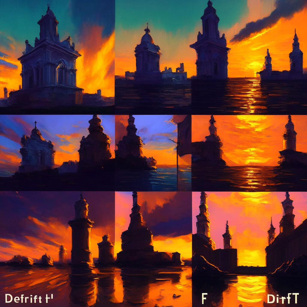 DeFi scene with 5 vaults, passive yields of 2-4%, tokens like 1inch, ENS, LINK, SNX, & UNI, ETH market arbitrages, looped leverage usage, risk mitigation, gas holidays for cost reduction, first 40 depositors rewarded, sunset lighting, impressionist artistic style, hopeful yet cautious mood.