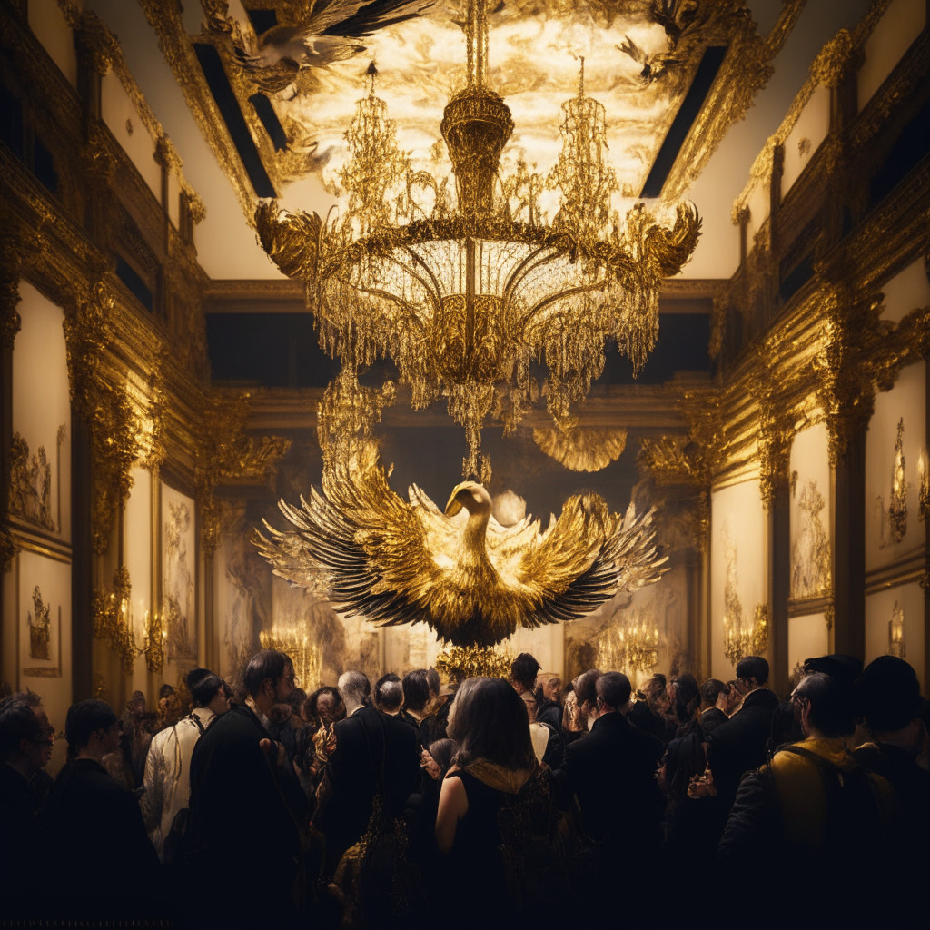 Digital auction hall with opulent, baroque-inspired details, a grand chandelier casting warm light, intricate NFT artwork on display, 'The Goose' as a centerpiece shimmering in gold hue amidst pieces of other digital art, attendees whispering about the mysterious story behind the collapse of Three Arrows Capital, palpable excitement and underlying skepticism in the air as they contemplate the future of digital art and NFTs.