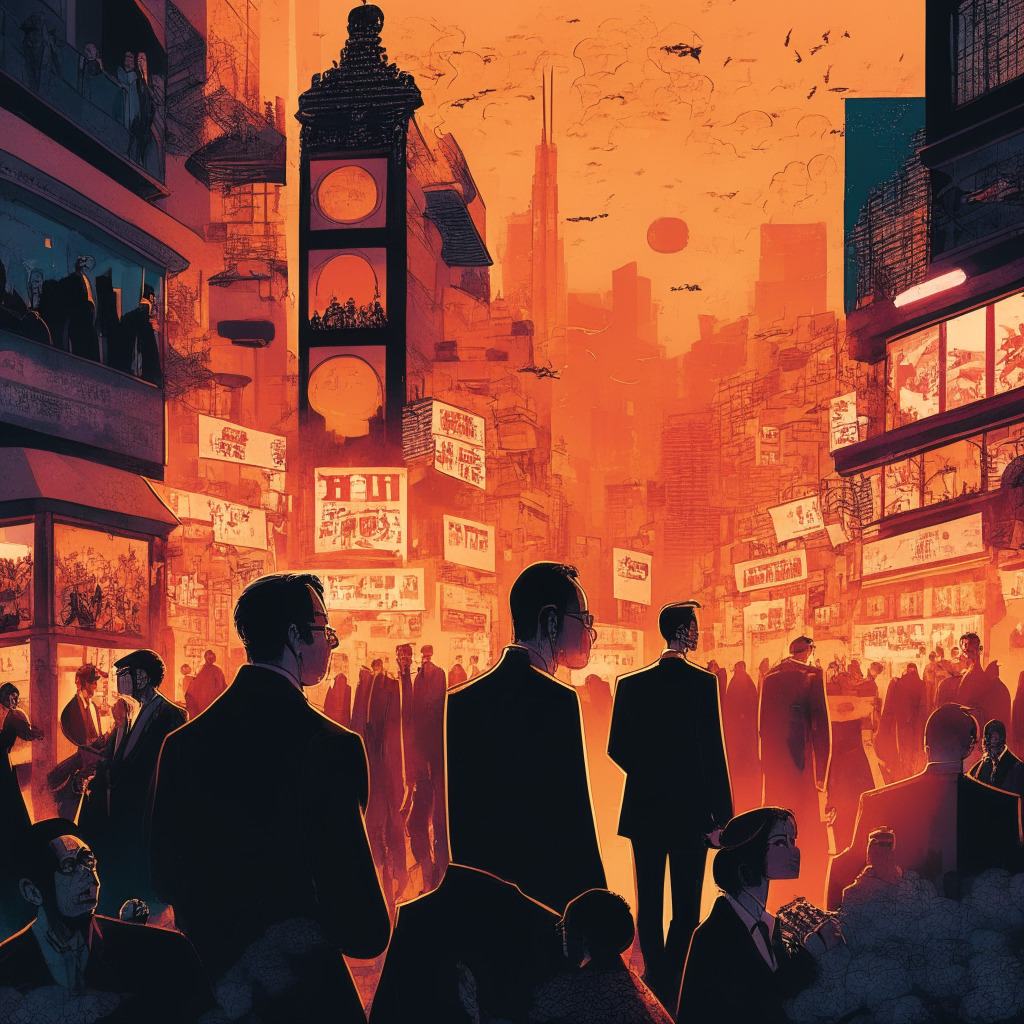 Intricate cityscape with blockchain elements, a travel ban sign, various executives looking worried, digital currency symbols, light setting: twilight with warm hues, stores receiving bomb threats, artistic style: impressionism, tense mood, investigators combing through details, people celebrating new crypto accessibility in Turkey, Japan's National Tax Agency decision in the background.