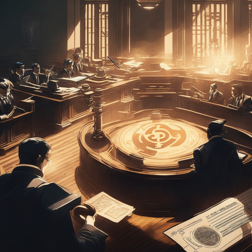 Intricate courtroom scene, South Korean High Court, legal documents, gavel, BTC symbol, opposing parties debating, contrasting light and shadows, chiaroscuro style, mood of seriousness and tension, global map showing crypto regulations in the background, digital currency adoption hint, no brand or logos.