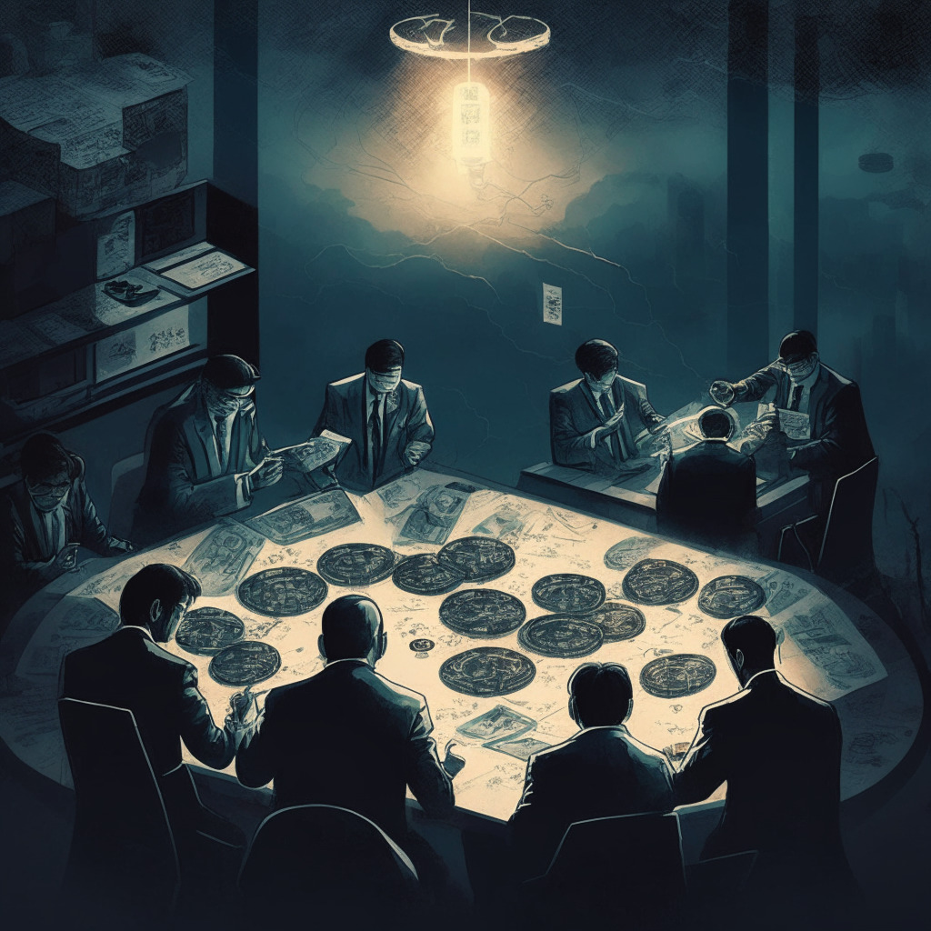 South Korean crypto lending chaos, intricate balance scales (BTC, ETH, altcoins), shadowy anonymous figures exchanging funds, contrast of light and dark symbolizing hope and uncertainty, intense investor meeting in progress, delicate web of interconnected networks, moody atmosphere depicting risk and reward, and a powerful resurgence in the distant horizon.