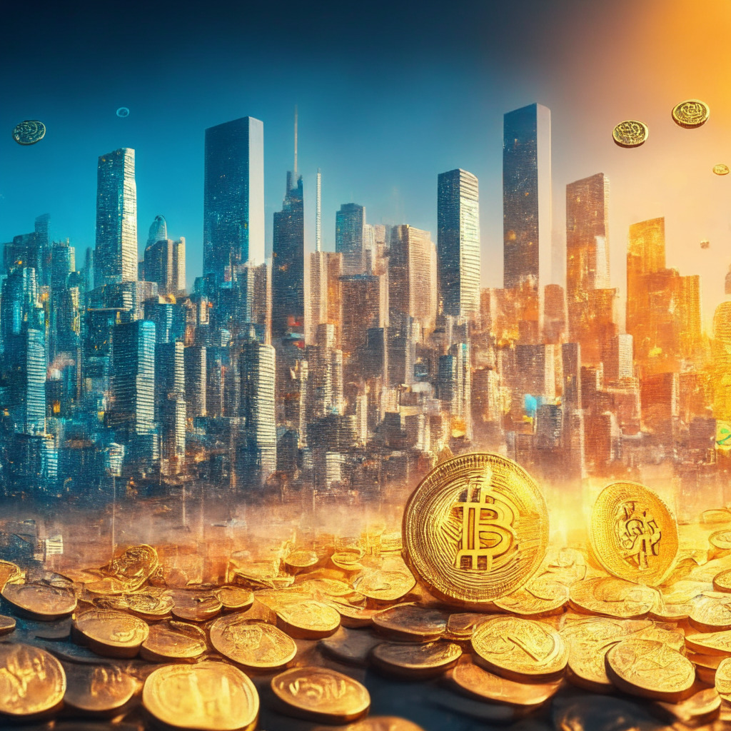 Vibrant digital currency market in South Korea, numerous floating cryptocurrencies, XRP dominating in foreground, futuristic cityscape backdrop, warm golden light permeating scene, diverse array of coins symbolizing diverse trading patterns, anticipation & optimism in the atmosphere.