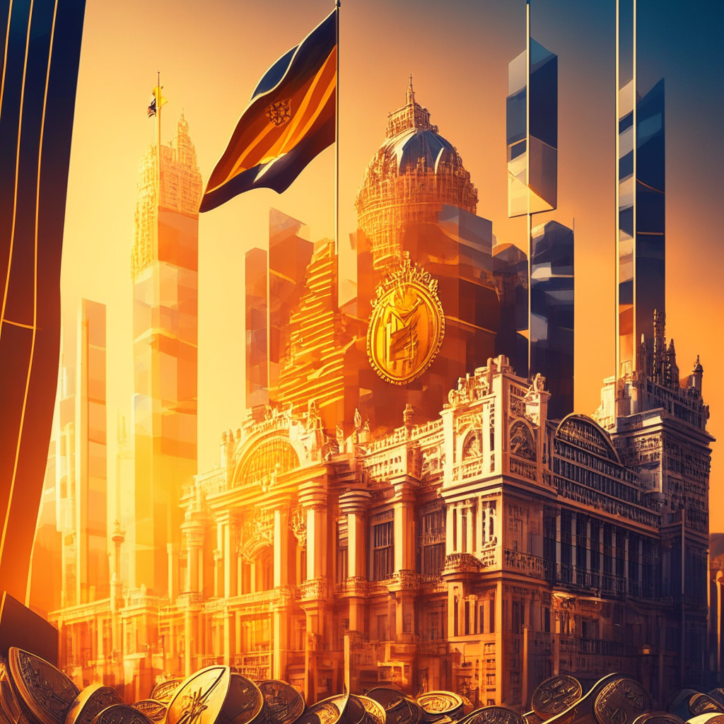 Intricate cityscape in modernist style, EU and Spanish flags, futuristic Bank of Spain building, diverse innovators at work, golden hour lighting, warm colors, harmonious mood, digital tokens and coins, balanced scales of regulation and innovation, dynamic energy.
