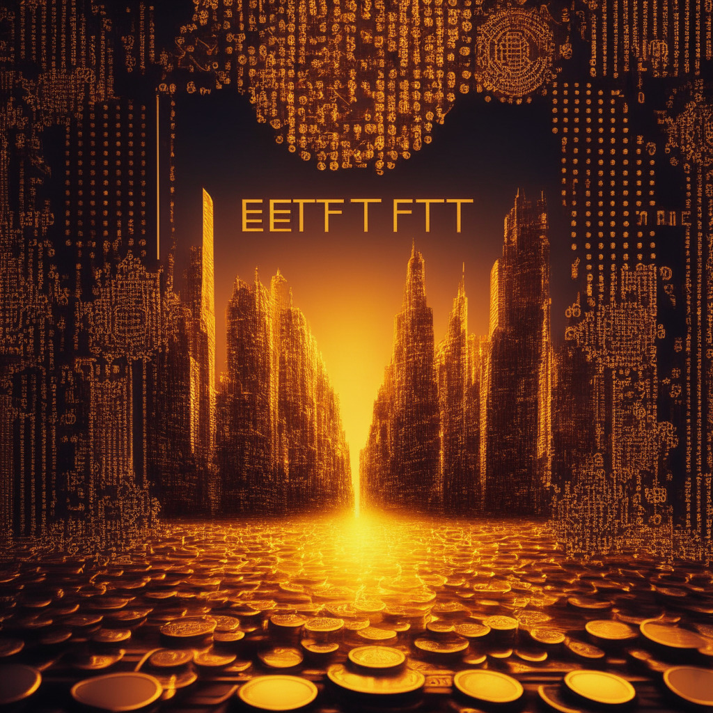 Intricate blockchain pattern, glowing golden coins, chessboard with ETF text, futuristic financial district backdrop, warm sunset glow, deep contrast, cryptocurrency elements intertwined, dynamic energy, soaring optimism, subtle shadows, baroque art influences, harmonious composition.