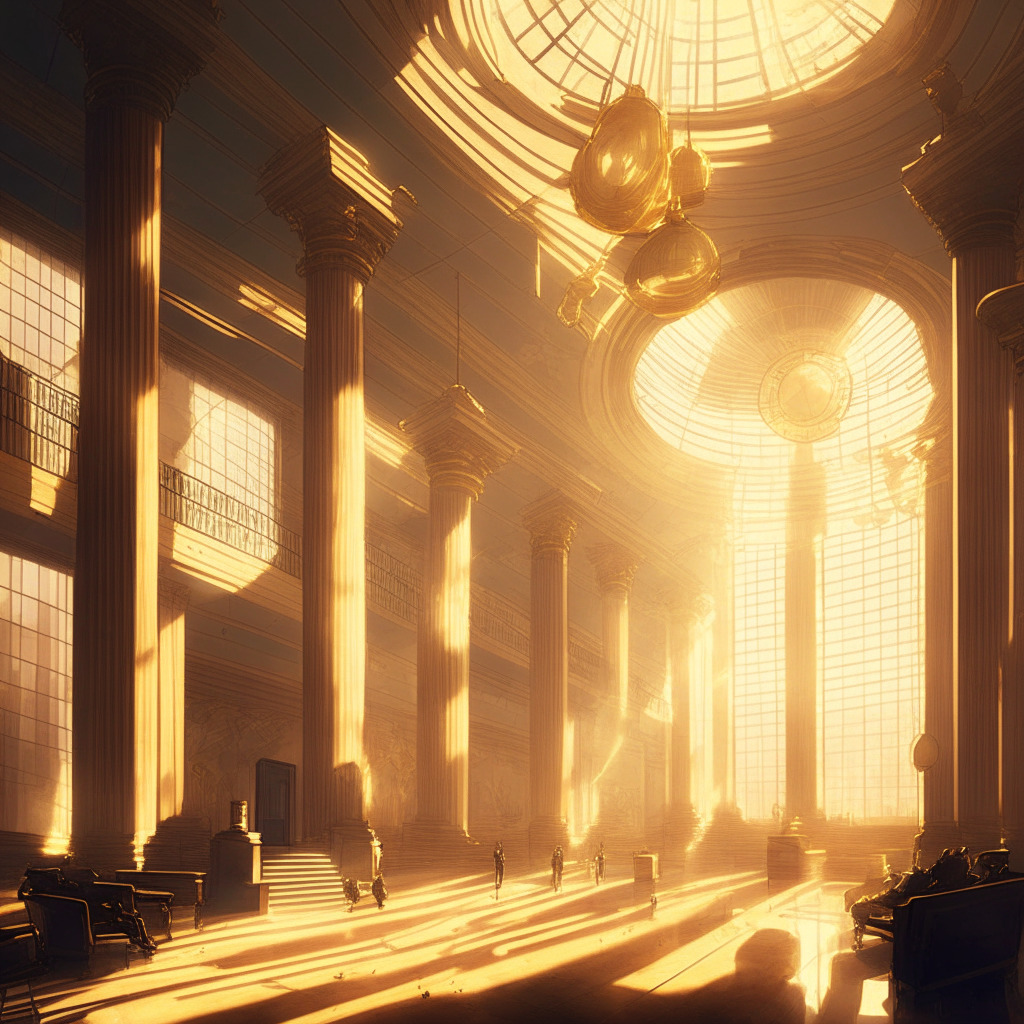 Intricate government building interior, lively bipartisan discussion, Federal Reserve representatives and state regulators coexisting, digital stablecoin symbols floating above, neoclassical art style, warm golden light streaming in through tall windows, hints of futuristic elements, tense yet optimistic atmosphere.