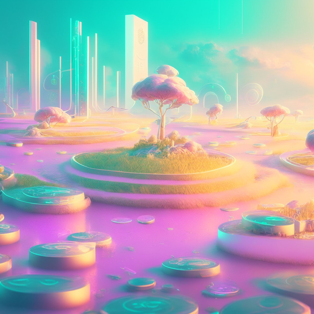 Futuristic digital financial landscape, yield farming governance tokens, pastel color palette, dawn lighting, liquidity flow concept, calm and optimistic atmosphere, interconnected & transparent fintech systems, strategic investment decision, potential risks and benefits, powerful and influential presence, ethereal and imaginative visual representation.