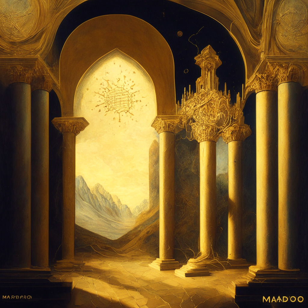 Renaissance-style painting showing MakerDAO's transition to Spark Protocol, soft lighting, intricate details of DeFi landscape, contrasting stablecoin resilience and doubt. Mood: adaptability, trust in decentralized stability, whispers of innovation, expanding across layer-2 protocols, golden hues of a strengthened MakerDAO ecosystem.