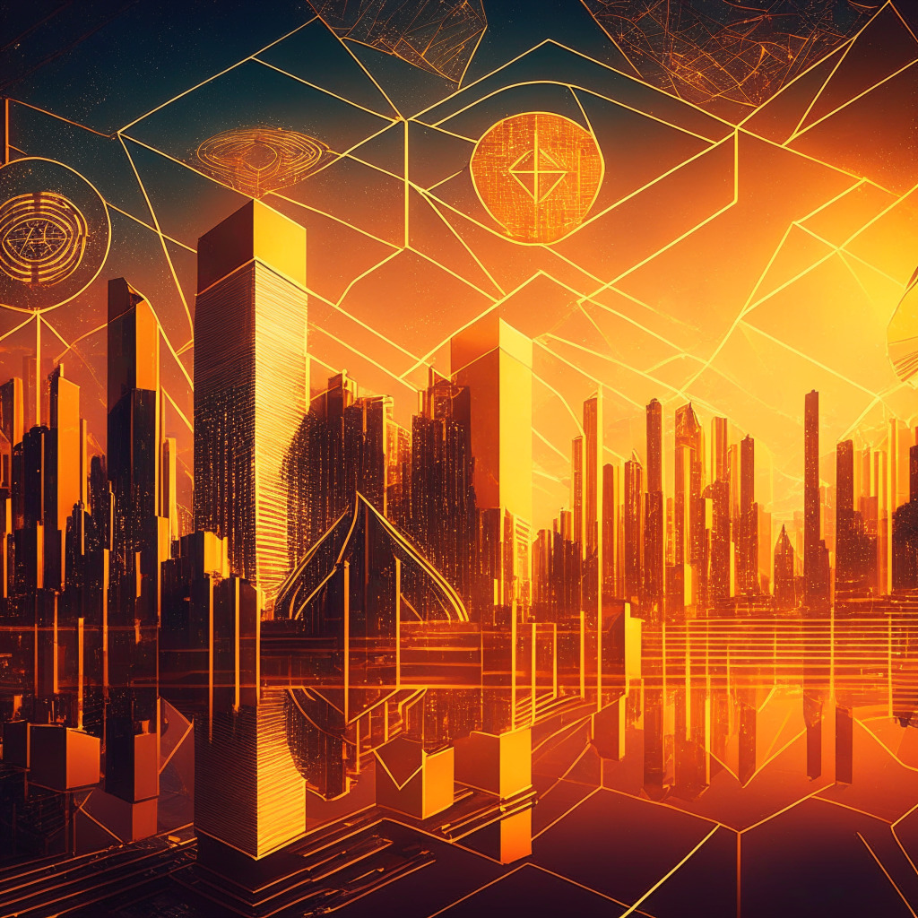 Futuristic digital financial landscape, CBDCs & stablecoins, twilight city backdrop, abstract geometric patterns, warm golden hues, privacy vs innovation tension, central bank oversight, serene mood, hopeful atmosphere, holographic projections, interconnected world, global economic implications