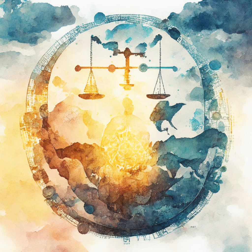 Intricate balance scale, cryptocurrency & regulation on opposing arms, consumers & innovation on connecting links, low warm light, watercolor style, uncertain yet hopeful mood, global map background with blockchain patterns, no distinct borders, subtle sunrise peeking through clouds.