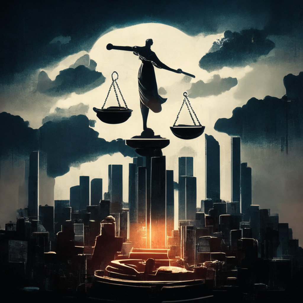 An intricate scene of a balancing scale showcasing a silhouette of skylines of Seoul, South Korea, one pan holds cryptocurrency symbols, while the opposite holds a gavel symbolizing legislation, in a vintage Chiaroscuro style. A beam of light breaks the stormy clouds above, casting a hopeful glow and creating the mood of a powerfully dramatic battle for equilibrium.
