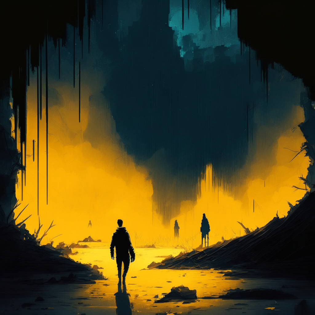 Mysterious banking cutoff, Binance Australia struggles, 1 million users affected, uncertain crypto landscape, urgent regulations needed, dark lighting, shadowy figures, brushstroke art style, tense mood, contrasting bright future for crypto growth.