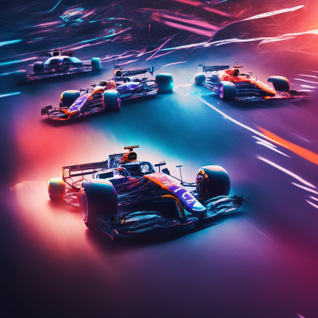 Formula One race in twilight, Sui Network & Oracle Red Bull Racing cars speeding ahead, a cheering global crowd, digital experiences overlay, blockchain elements subtly infused into surroundings, ambiance of futuristic technology & sportsmanship, anticipation & excitement for Web3.0 in sports.