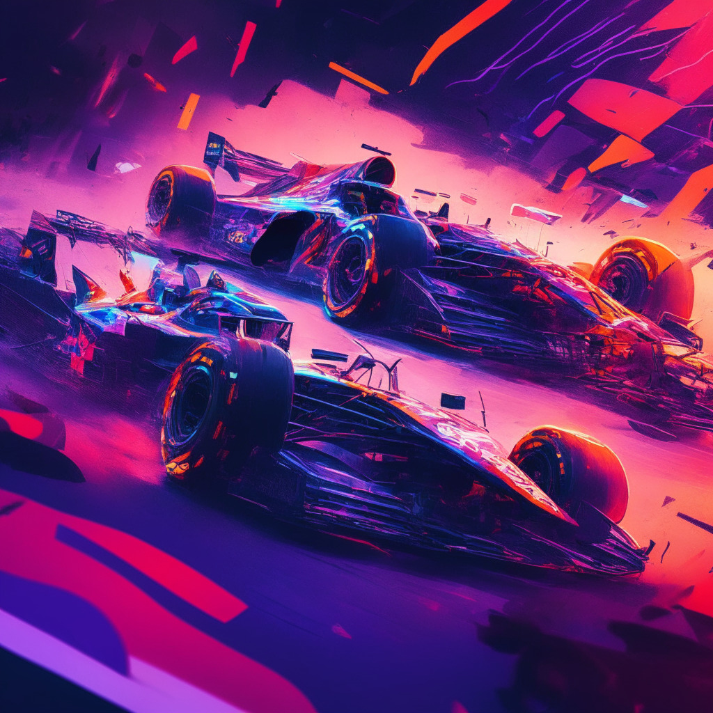 Futuristic motorsports scene, Red Bull Racing car, blockchain elements, dusk lighting, web3 integration, impressionist art style, exhilarating atmosphere, global connections, interactive digital experiences, potential skepticism, hope for successful collaborations.