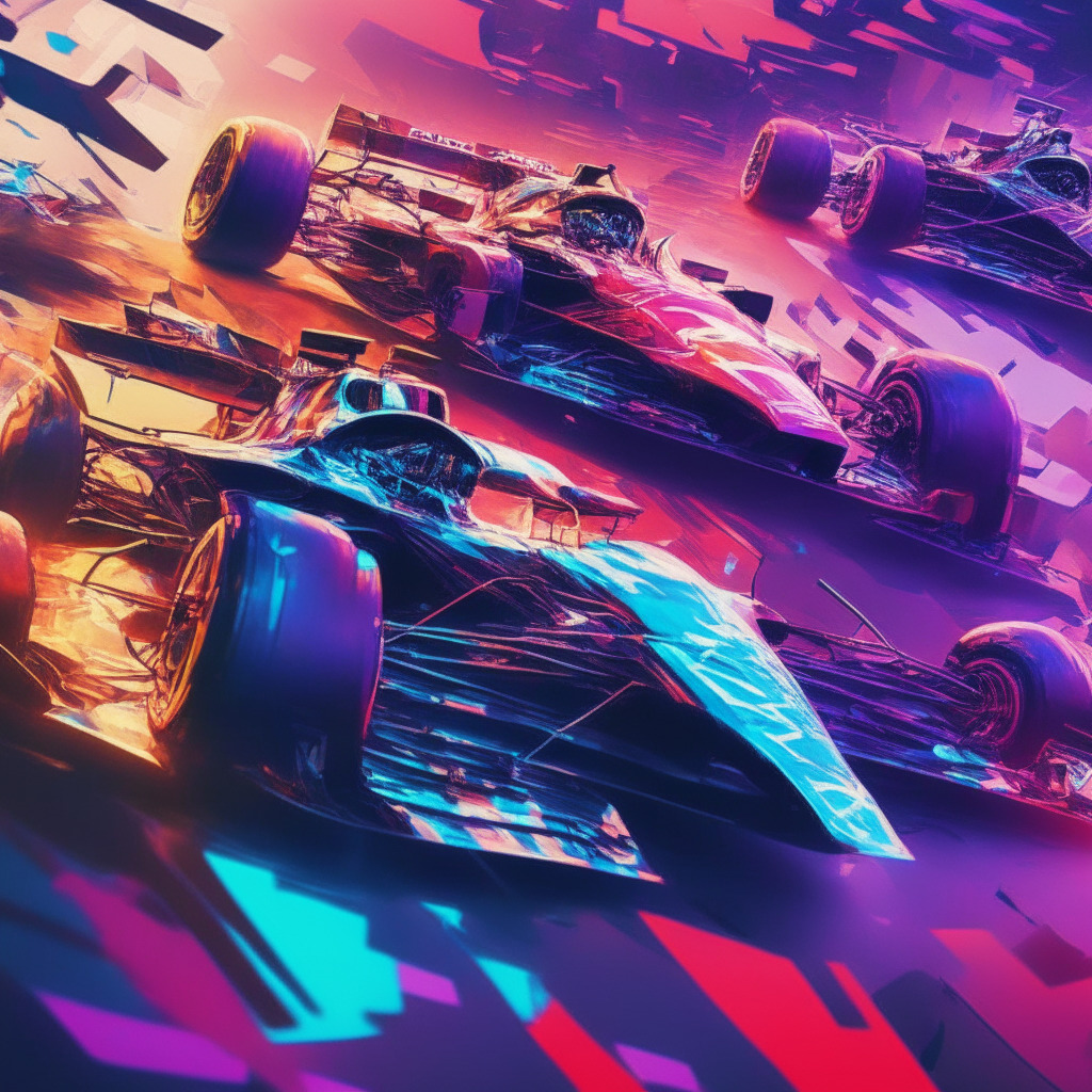 Formula One race cars on a vibrant blockchain-themed racetrack, energetic futuristic atmosphere, AI-driven audience wearing Red Bull gear, dappled sunlight with contrasting shadows, holographic screens displaying exclusive fan experiences, impressionist style, mood of excitement & anticipation, hint of uncertainty due to crypto-market volatility.