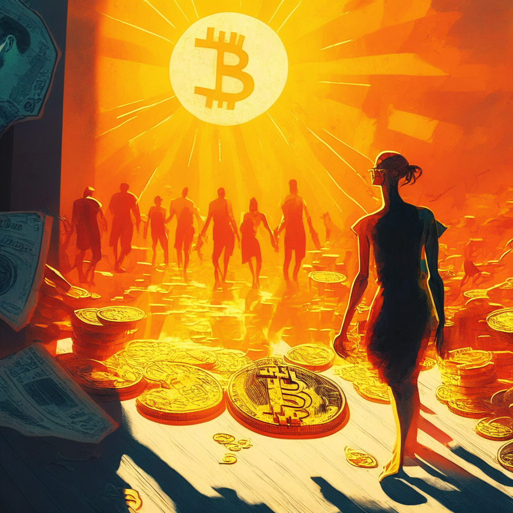 Summer financial heatwave scene, US Dollar rising, Bitcoin under pressure, radiant sunlight, menacing shadows, contrasting colors, emotional intensity, tension-filled atmosphere, impressionistic style, sharp bold lines, warm and cool color palette, economic uncertainty vibe, impending divergence, late afternoon glimmer.