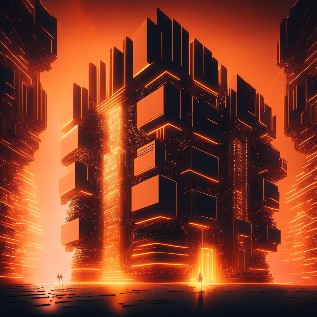 AI supercomputing megastructure glowing with warm light in a cybernetic landscape, blockchain network pulsating around, copper-hued bitcoin miners working resiliently. Elements are inspired by the sophistication of Texas architecture, a futuristic tone, heavy shadow contrast, and an energetic mood.