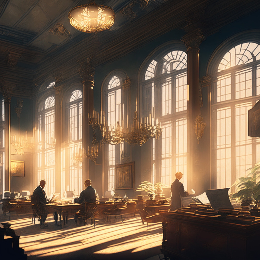 Intricate financial office scene, dimly lit, a mix of Renaissance and Baroque styles, optimistic mood, warm sunlight filtering through windows, analysts examining Bitcoin ETF applications, detailed historical-inspired currency charts, a sense of market maturation, prominent display of cryptocurrency price rally, serene investors conducting research.