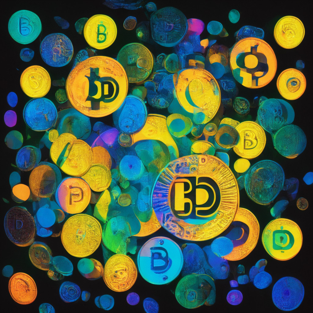 A vibrant digital art piece representing the meme cryptocurrency phenomenon, punctuated by spotlight on an ascending coin, symbolizing the Bobo Coin's remarkable surge. Rendered in an exaggerated palette to capture the cyber-utopian style. Incorporates a series of smaller coins in the shadows representing other Meme Tokens attempting to catch up. The atmosphere is filled with both excitement and suspense, indicative of the unpredictable market.