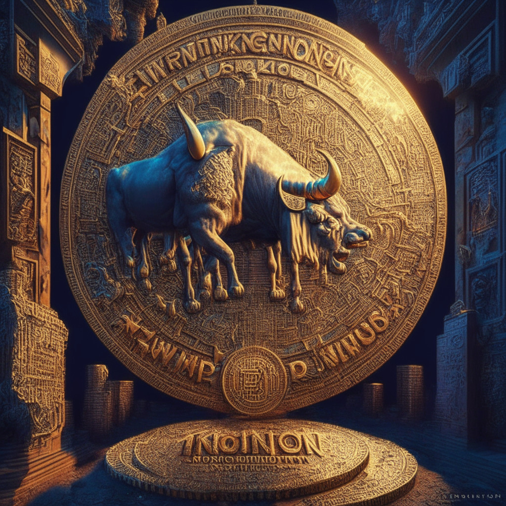Intricate meme coin kingdom, Wall Street Bulls NFT collection, shimmering $10M milestone, digital collectibles, dynamic community of 1 million, luminous high-profile supporters, innovative Bitcoin network, sunlit optimism, shadows of risk and skepticism, ever-evolving crypto landscape.