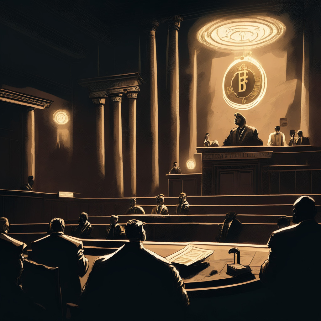 A dimly lit courtroom scene with an intense atmosphere, cryptocurrency coins (Litecoin, Dogecoin, Monero) standing strong on one side, and the imposing figure of the SEC on the other. Artistic strokes evoke a sense of struggle between old vs. new financial systems, while a subtle light hints at resilience and adaptation of decentralized cryptocurrencies.