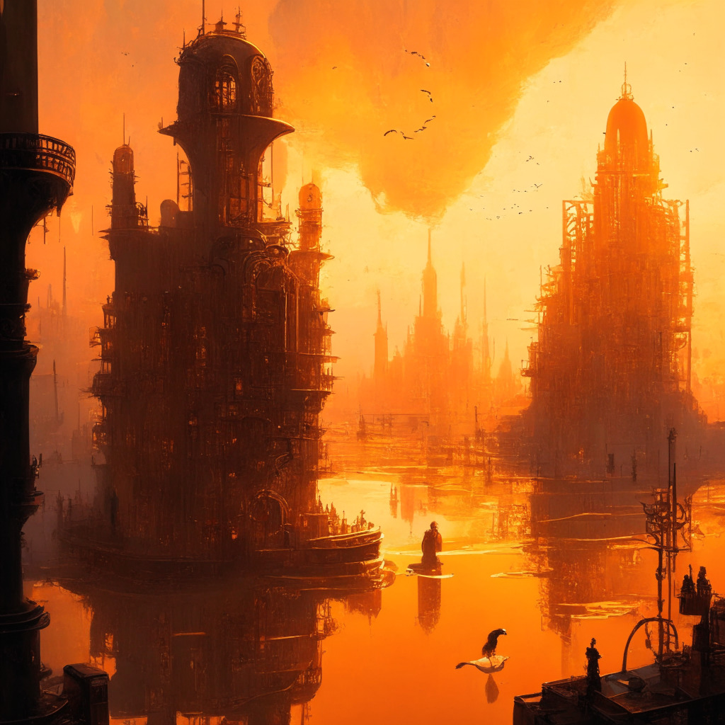 Intricate steampunk cityscape, Swan Bitcoin platform in foreground, shifting between old and new custodians, fading-out Prime Trust and Fireblocks, emerging Fortress Trust and BitGo Trust buildings, users watching anxiously, subtle orange sky, bright but dominating sunlight casting long shadows, mood of uncertainty, hope, determination in artistic brushstrokes.