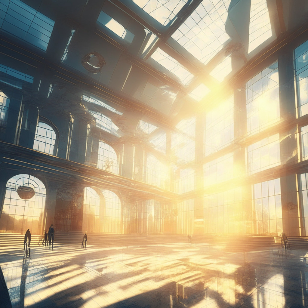 Sunlit banking hall with glass blockchains, futuristic interface, abstract financial elements, impressionist style, warm & cool tones, serene atmosphere, showcasing cutting-edge technology, collaborative efforts, tokenized asset transfers, emerging from skepticism to innovation.