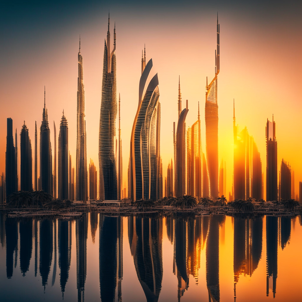 An impressive panorama of Dubai skyline at sunrise, highlighting the balance between traditional and ultra-modern architecture. Inject a feeling of optimism and growth, use hues of gold, represent cryptocurrency symbols subtly integrated into city's neon skyline. Conjure a socio-economic shift in geometry of concrete, glass, and light, reflecting the city's embrace of digital assets.