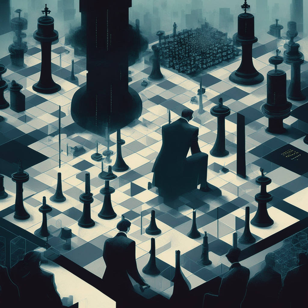 Muted color palette, futuristic Swiss bank scene, a mix of digital and physical assets, handcuffed algorithmic stablecoin UST, dramatic shadows, smoky atmosphere, anxious mood, tangled web of cryptocurrency regulation, shadowy figures representing Swiss authorities, SEC, and Terraform Labs, faint cityscape background, chessboard patterns implying strategy and complex moves.