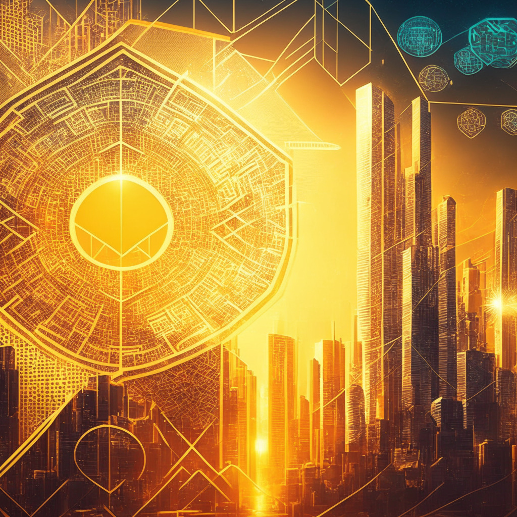Dazzling technological cityscape, futuristic blockchain concept, ethereal sunrise, abstract geometric patterns, Israeli Shekel token, warm golden tones, optimism, glowing digital government bond, intricate financial infrastructure, mesh of traditional & innovative elements, world's financial institutions woven in, hints of regulatory caution.