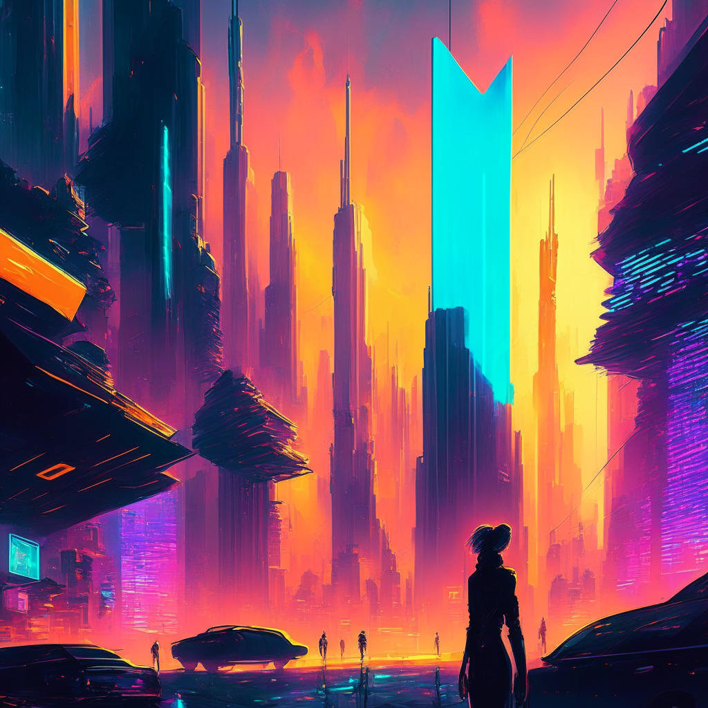 Futuristic city skyline, dazzling neon lights, bustling crypto market, vibrant Ethereum and TRON interconnected, DeFi ecosystem, excited crowds of retail traders, Hong Kong backdrop, contrast of opportunities and skepticism, dynamic mood, subtle sun rays breaking through, abstract cyberpunk-infused painting style.