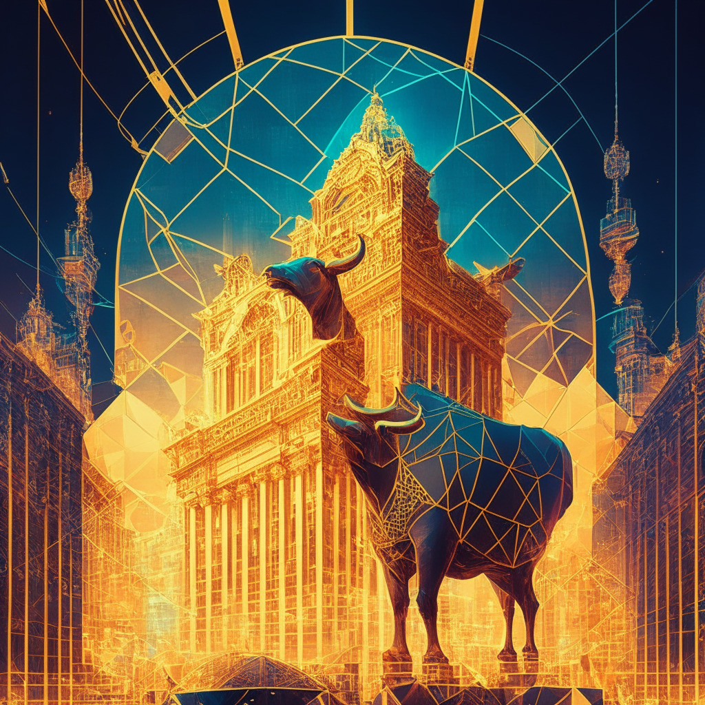 Intricate blockchain cityscape, Taurus & Polygon at center stage, myriad of tokenized assets (real estate, art, stocks), warm, glowing light connecting them all, Art Nouveau style, bright and optimistic mood, sense of financial progress and cooperation among global institutions, European hints in architecture.