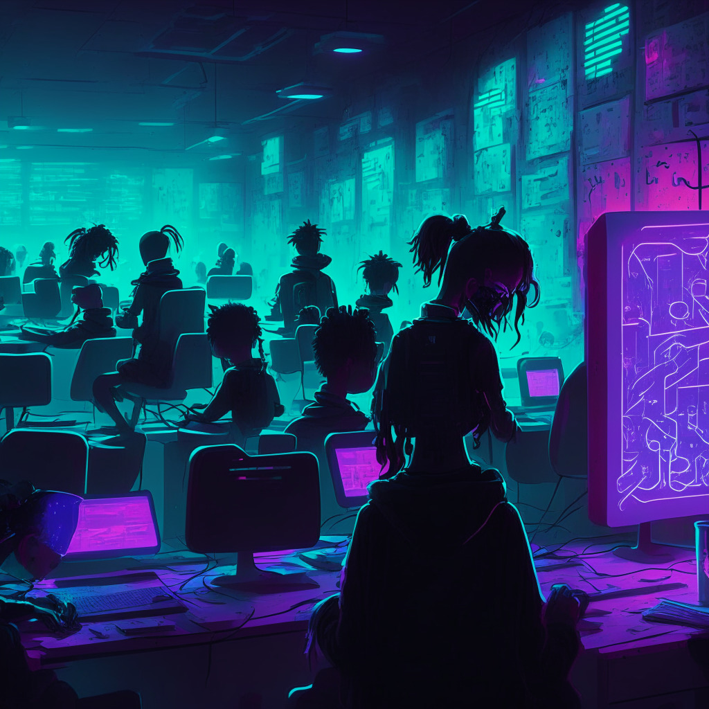 Intricate cyberpunk scene, faceless schoolkids hatching NFT phishing schemes, glowing Roblox skins in the background, dimly lit digital classroom, intense contrast of dark shadows and neon lights, mood veering towards dystopian ingenuity, undertones of youthful defiance and moral ambiguity. (350 characters)