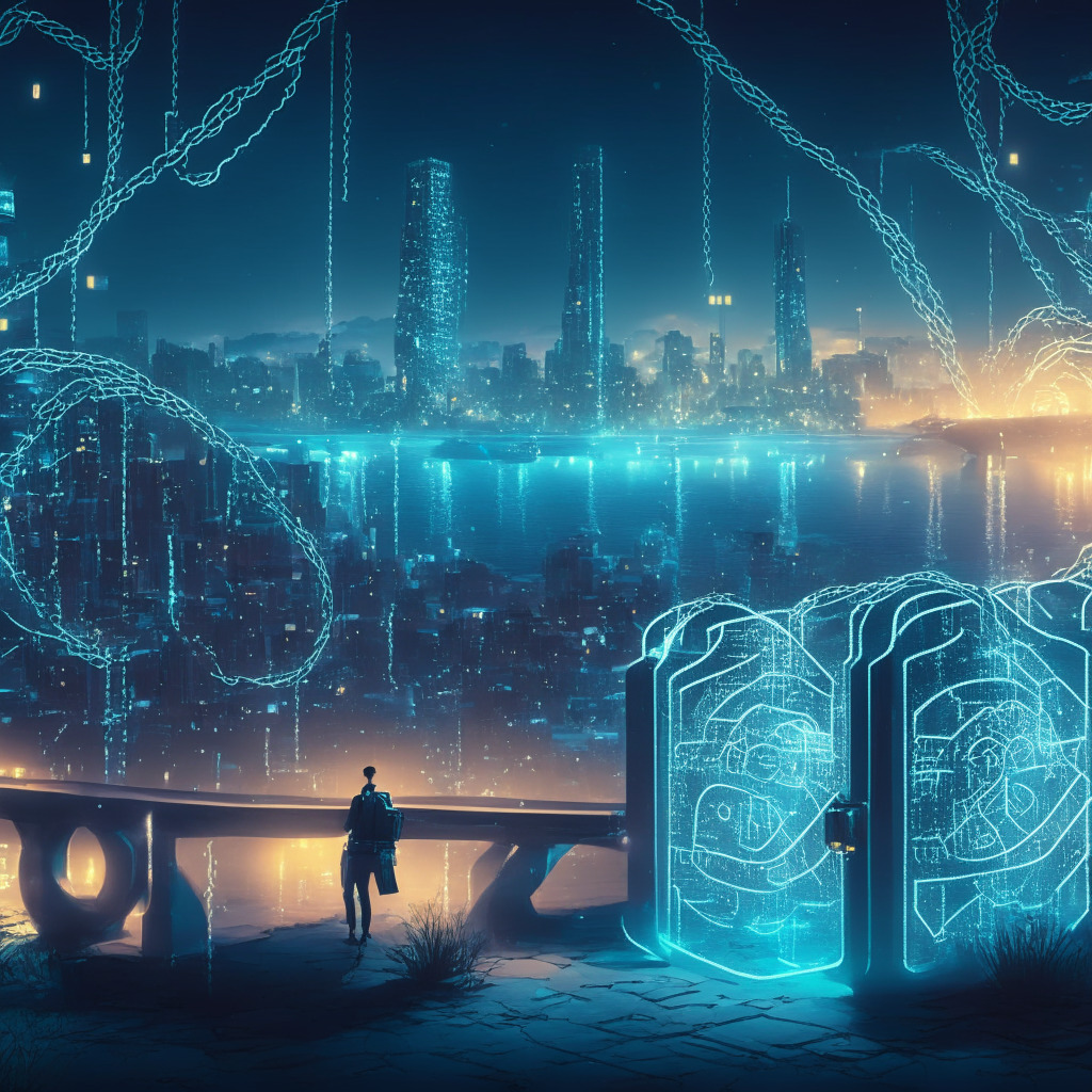 Teleporting assets scene, dusk lighting, serene ambience, impressionist style: Cryptographic portals connect multiple blockchain ecosystems, a secure bridge illuminated with mathematical formulas, people exchanging assets seamlessly, Ethereum layer 2 networks in the background, secure asset transfers symbolized with padlocks, futuristic cityscape with zero-knowledge cryptography hints.