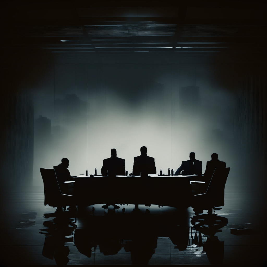 Mysterious termination of a crypto acquisition, dark, shadowy boardroom with two companies' silhouettes, gloomy atmosphere, digital assets scattered across the table, foggy hints of a cease and desist order, somber tones of doubt and uncertainty in the background, fragile trust in digital realm.