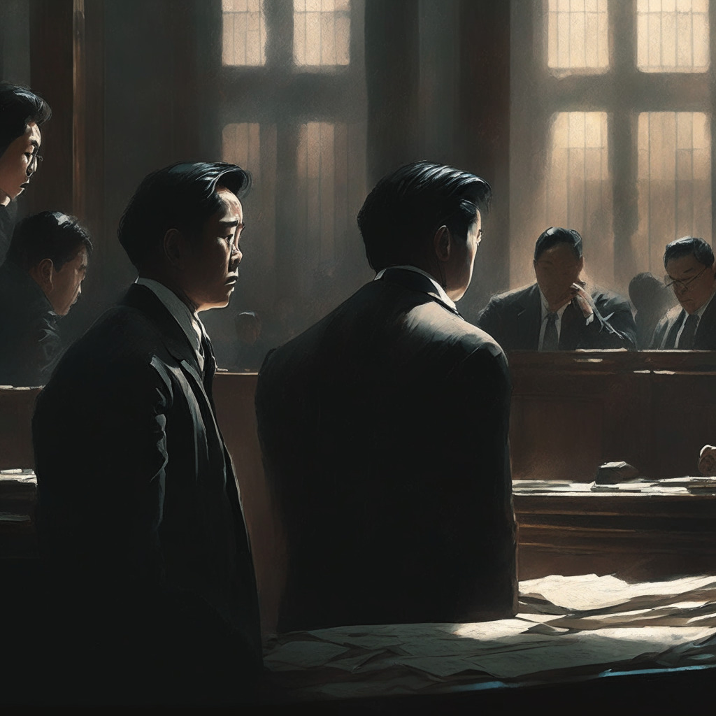 Intricate courtroom scene, Do Kwon and Han Chang-joon in focus, intense discussion with lawyers, soft light through windows, heightened emotions, uncertainty in the air, harmonious blend of realism and abstraction, somber colors conveying tension, subtle hints of hopefulness amidst struggle.